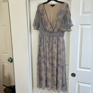 Subtle Romance Beige Floral Print Ruffled Midi Dress